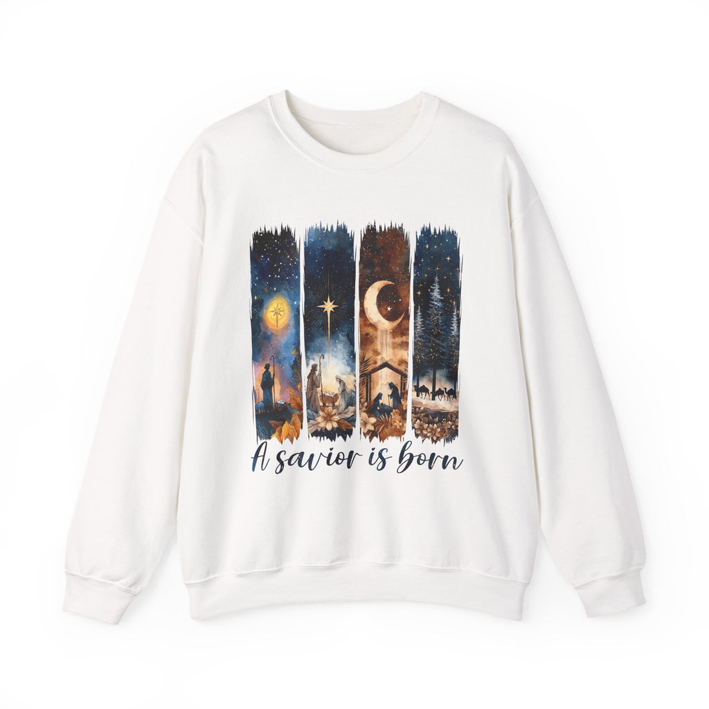 Christmas Nativity Crewneck Sweatshirt — "A Savior Is Born" Graphic
