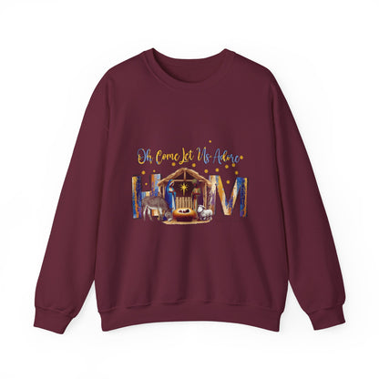 Christmas Nativity Sweatshirt — "Oh Come Let Us Adore Him" Cozy Holiday Crewneck