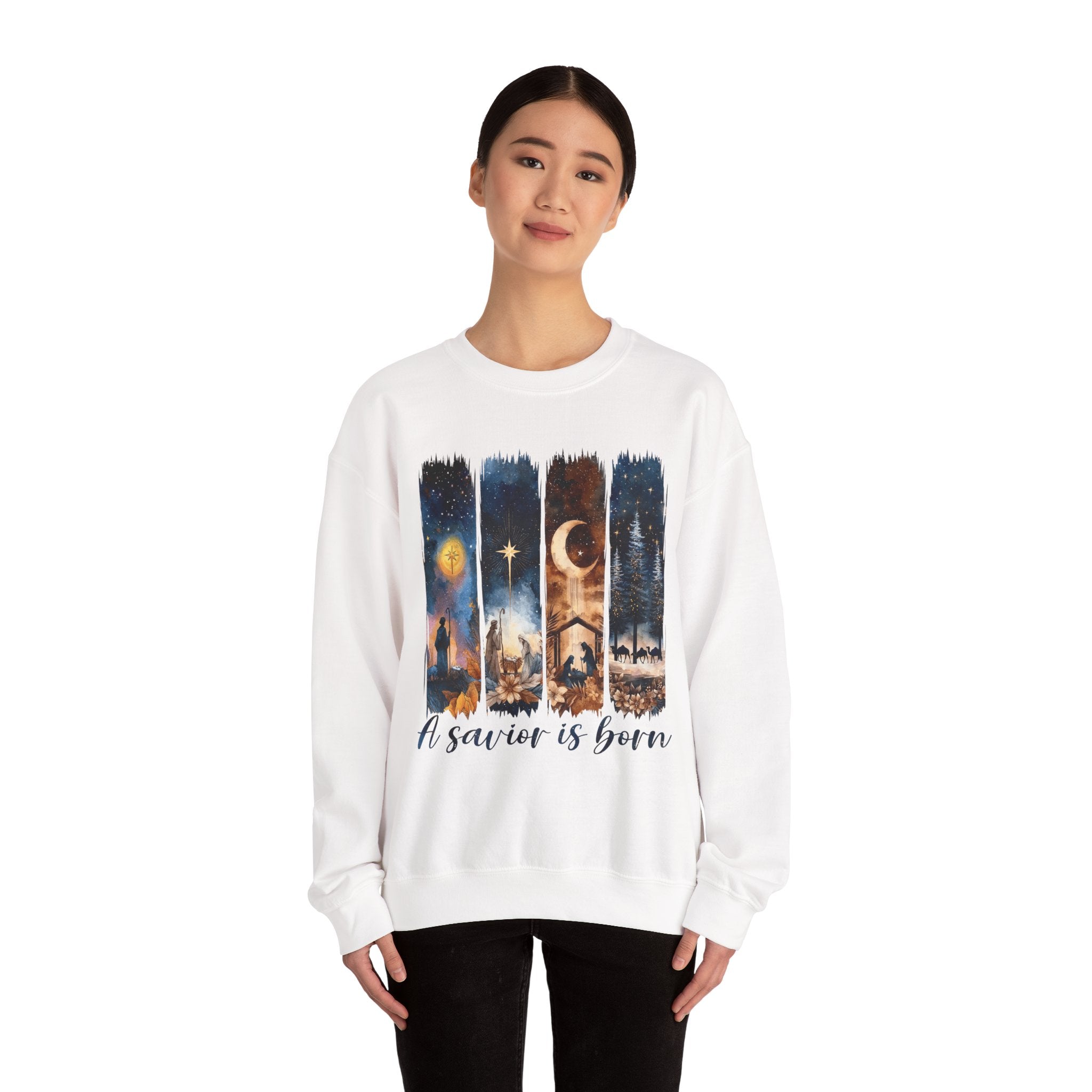 Christmas Nativity Crewneck Sweatshirt — "A Savior Is Born" Graphic