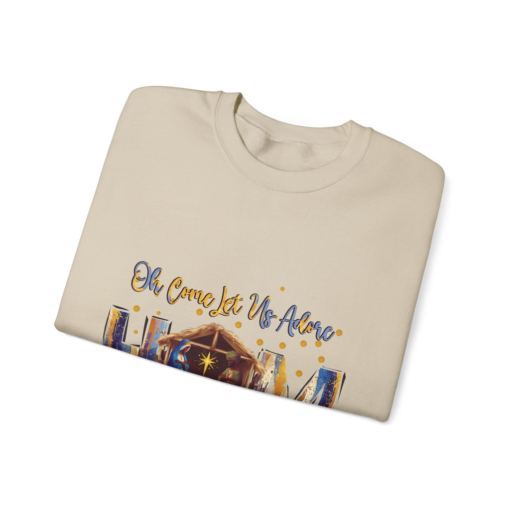 Christmas Nativity Sweatshirt — "Oh Come Let Us Adore Him" Cozy Holiday Crewneck