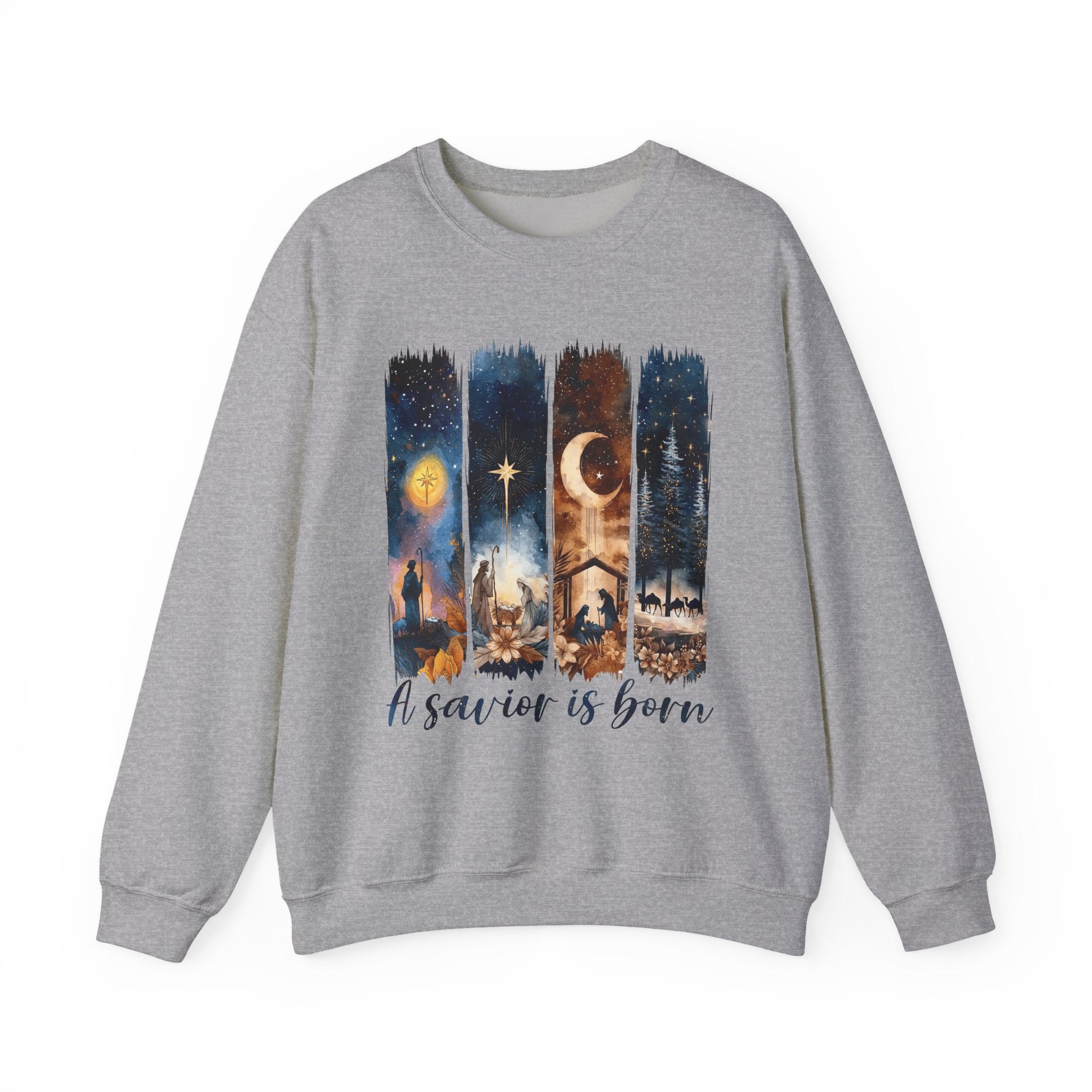 Christmas Nativity Crewneck Sweatshirt — "A Savior Is Born" Graphic