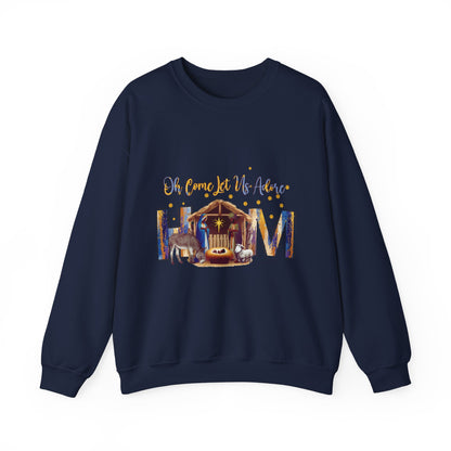 Christmas Nativity Sweatshirt — "Oh Come Let Us Adore Him" Cozy Holiday Crewneck