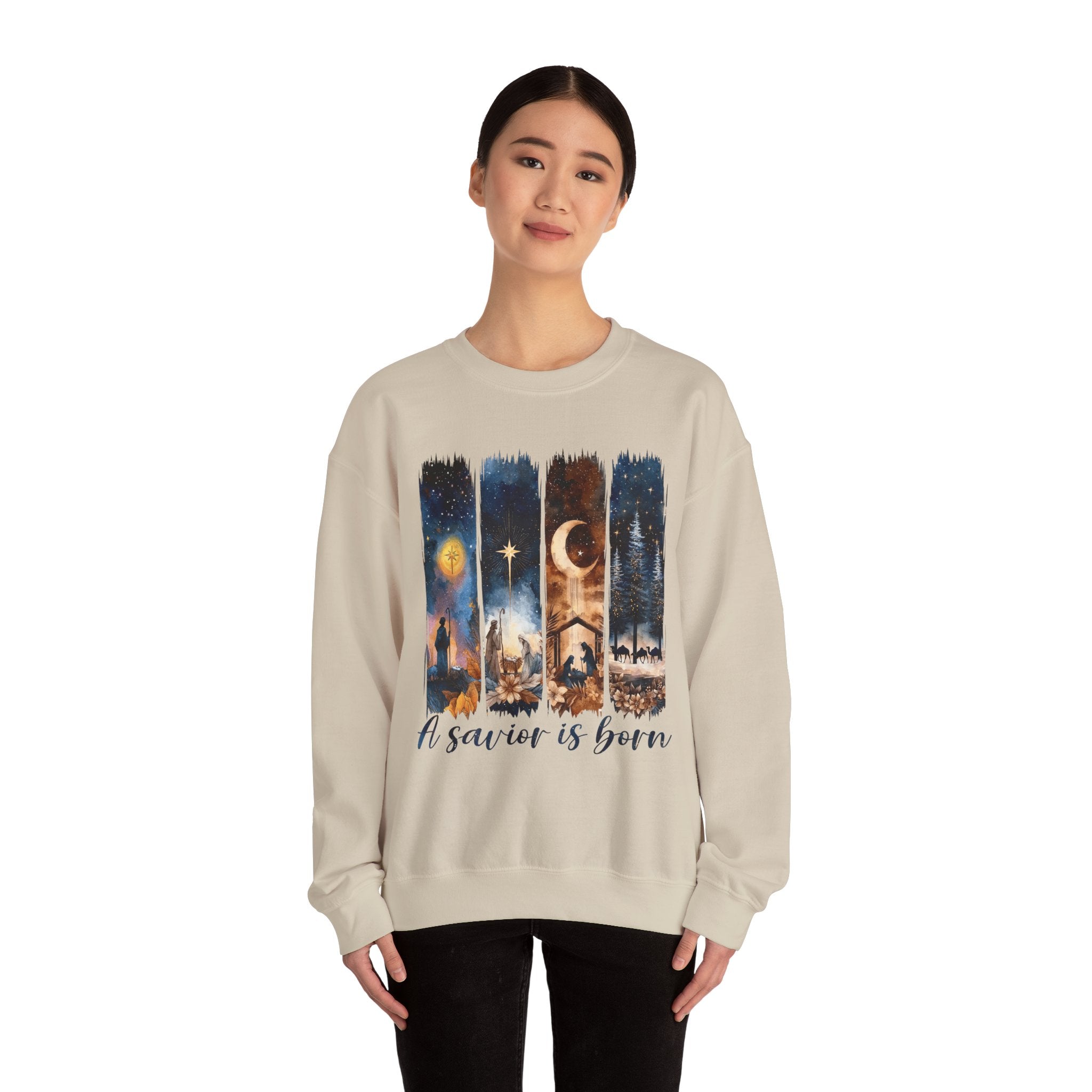 Christmas Nativity Crewneck Sweatshirt — "A Savior Is Born" Graphic