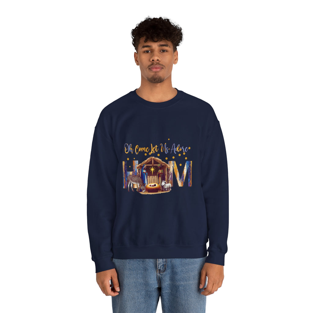 Christmas Nativity Sweatshirt — "Oh Come Let Us Adore Him" Cozy Holiday Crewneck