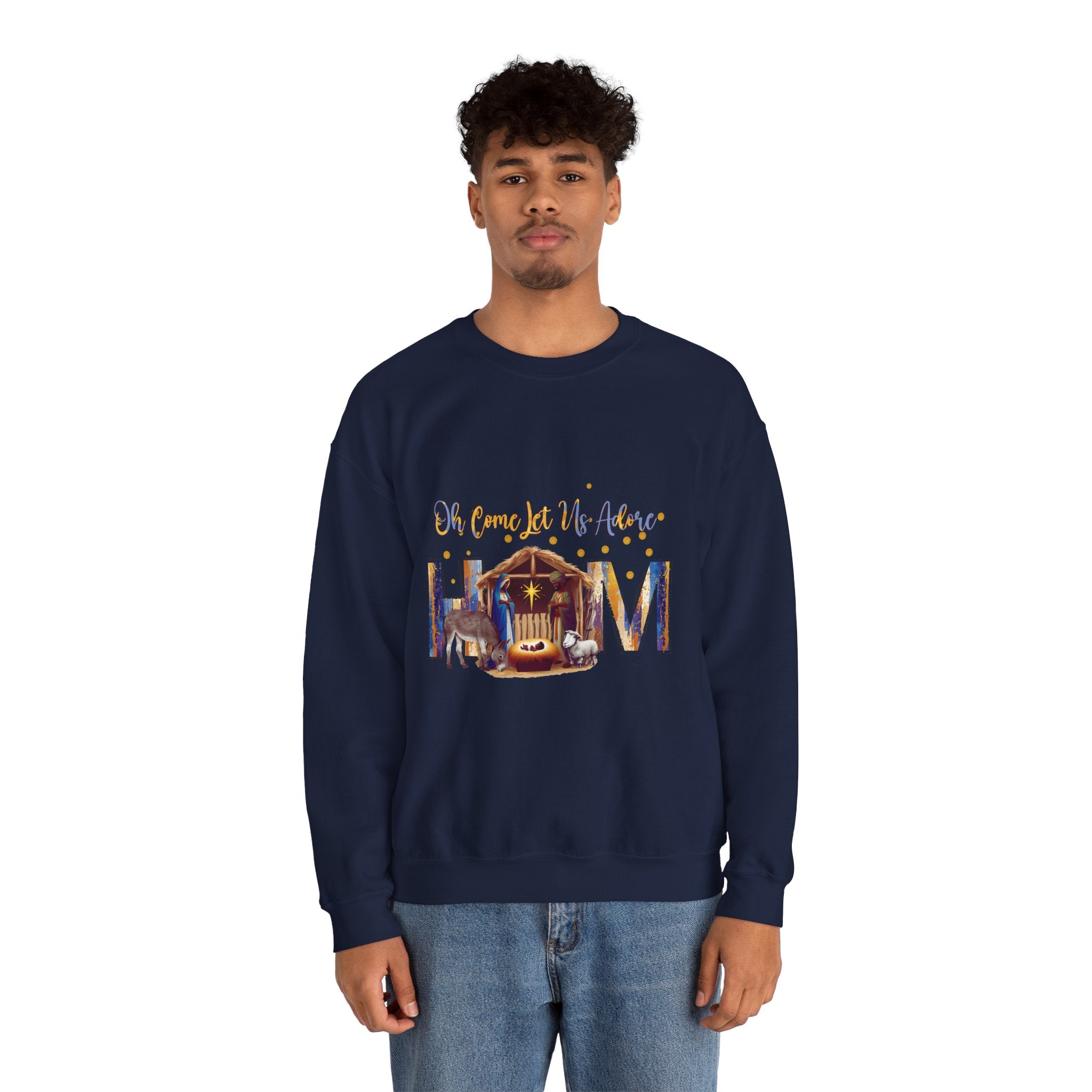 Christmas Nativity Sweatshirt — "Oh Come Let Us Adore Him" Cozy Holiday Crewneck