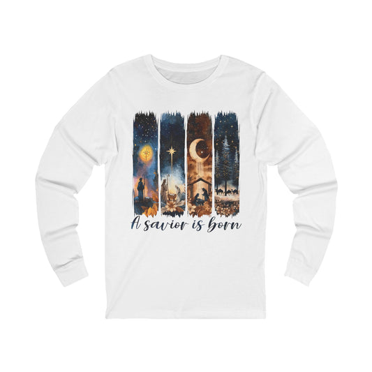 Long Sleeve Tee — "A Savior Is Born" Nativity Scene Christmas Shirt