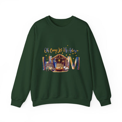 Christmas Nativity Sweatshirt — "Oh Come Let Us Adore Him" Cozy Holiday Crewneck