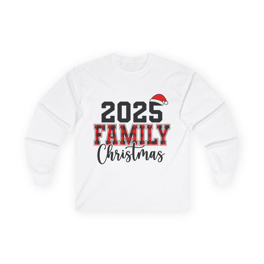 Long Sleeve Tee — 2025 Family Christmas Plaid Santa Hat "Merry Christmas" Shirt