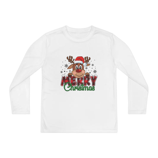 Kids Long Sleeve Tee - Cute Reindeer "Merry Christmas" Holiday Shirt