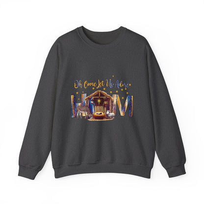 Christmas Nativity Sweatshirt — "Oh Come Let Us Adore Him" Cozy Holiday Crewneck