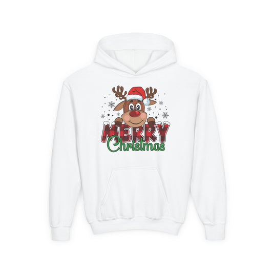 Youth Christmas Reindeer Hoodie - "Merry Christmas" Cute Santa Hat Design