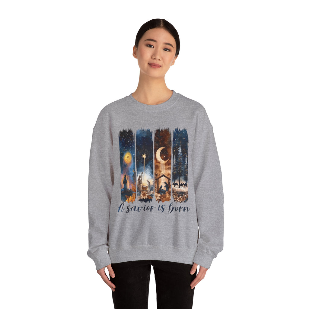 Christmas Nativity Crewneck Sweatshirt — "A Savior Is Born" Graphic