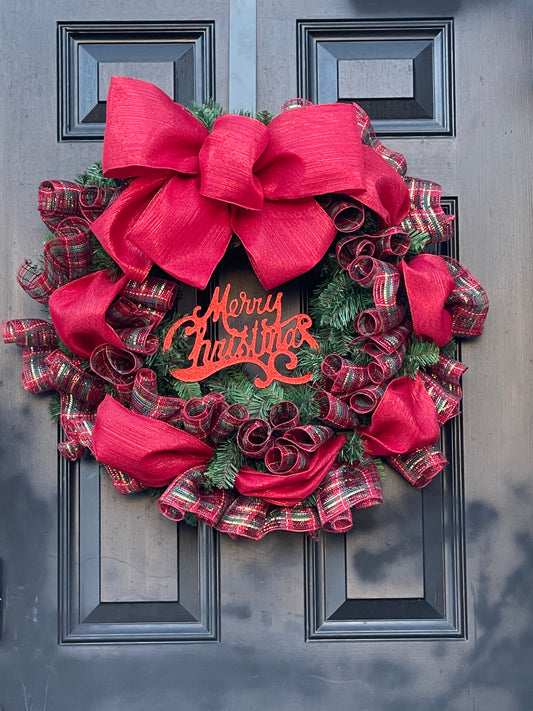 Classic “Merry Christmas” Wreath with Red Bows & Plaid Ribbon