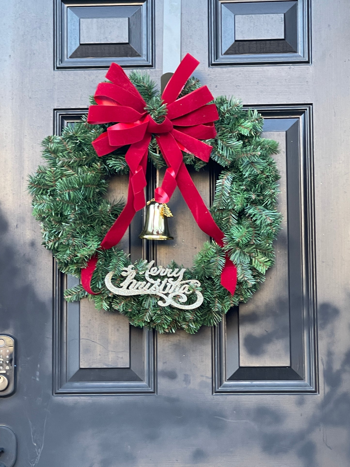 Classic Christmas Wreath with Red/Burgundy Velvet Bow & Golden Trumpet