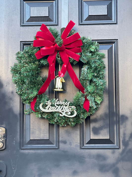 Classic Christmas Wreath with Red/Burgundy Velvet Bow & Golden Trumpet