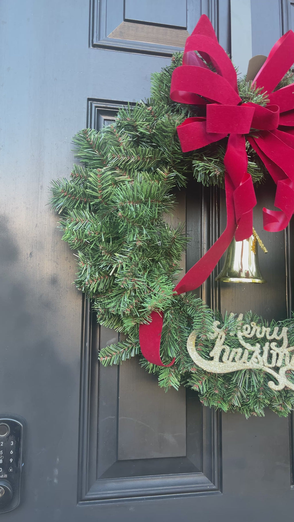 Classic Christmas Wreath with Red/Burgundy Velvet Bow & Golden Trumpet